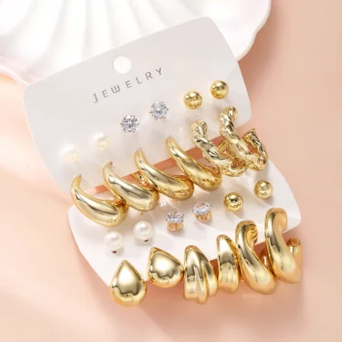 Vintage Classic Gold Plated C Shape Earring Set for Women Geometry Glossy Zircon Pearl Waterdrop Earring Fashion Jewelry Gifts 5