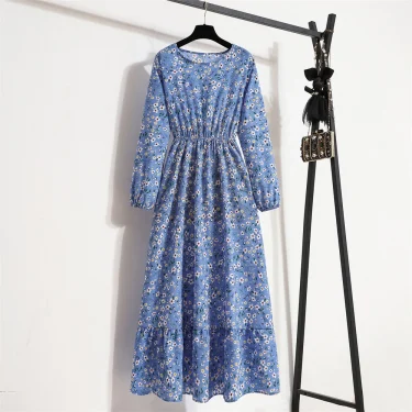 Women Floral Printed Maxi Dresses Spring Summer Casual O Neck Full Sleeve High Waist A Line Boho Beach Party Long Dress Vestidos 3