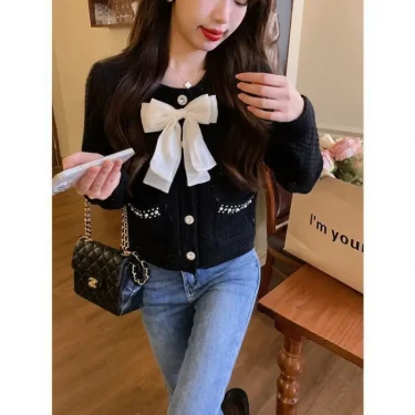 Sweater Knitted Cardigan Coat Design Sense Short Sweater Female 2023 Foreign Long Sleeve O Neck Sweater Cardigan Female Tops 3