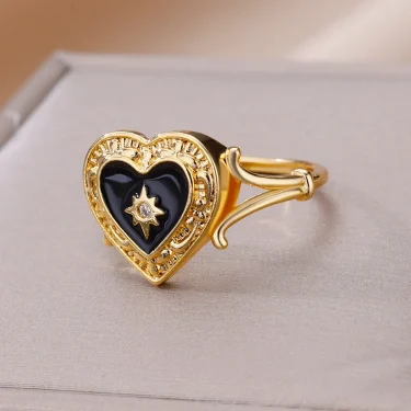 Gold Color Stainless Steel Ring for Women Colorful Cubic Zircon Heart Opening Adjustable Ring Fashion Jewelry Wedding Gift 4
