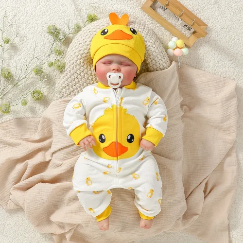 Baby Boys/girls Cute Long Sleeve Zipper Jumpsuit Duck Hat 2 Pieces For Fall/Winter 1-2Y Casual Daily Wear Clothes 1