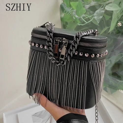 Luxury Designer Cylinder Bag Ladies Fashion Rivet Shoulder Bags Fringed Small Mobile Phone Crossbody Purse Summer Chain Borse 1