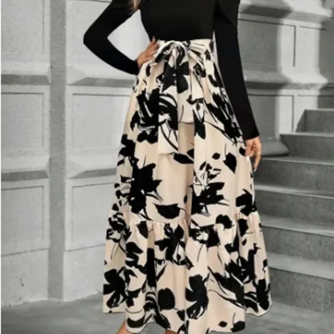 Stylish Color Block Dresses Women Round Neck Long Sleeve Top Floral Printed Dress Autumn Lady Party A Line Dress 2