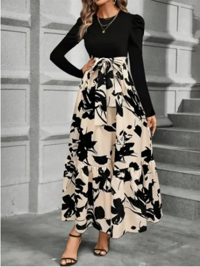 Stylish Color Block Dresses Women Round Neck Long Sleeve Top Floral Printed Dress Autumn Lady Party A Line Dress 2