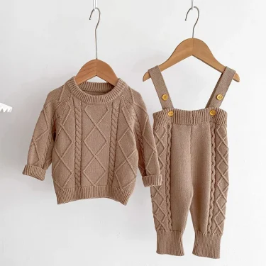 Autumn Spring Korean Style Newborn Baby Girls Boys Solid Color Knitting Clothing Set Sweater Overall Children Clothes Suit 5