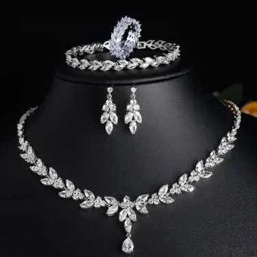 ZAKOL Luxury Brilliant Zirconia Leaf Necklace Earrings Rings Bracelets Set for Women CZ Drop Bridal Wedding Jewelry Sets New 1