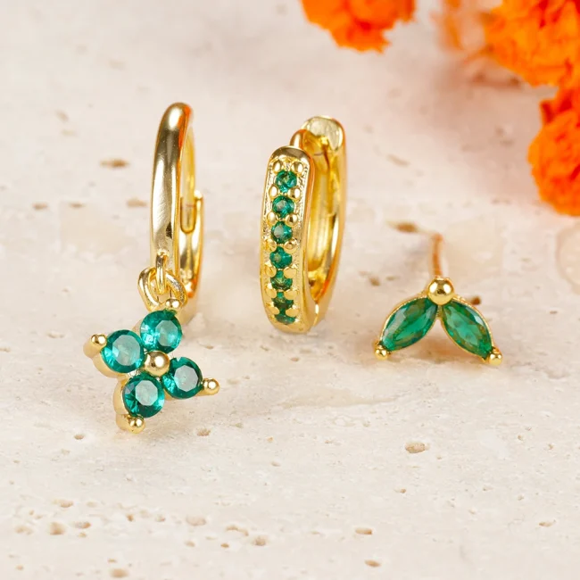3PCS Exquisite Green Zircon Hanging Earrings Set for Women Stainless Steel Flower Dangle Earring Cartilage Piercing Jewelry 4
