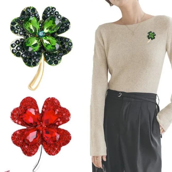 Green Red Crystal Rhinestone Four-Leaf Clover Flower Brooches Lapel Pins Jewelry Clothing Accessories Brooch for Women 2025 2