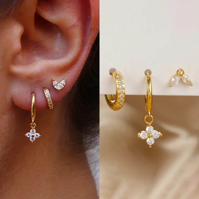 3PCS Exquisite Green Zircon Hanging Earrings Set for Women Stainless Steel Flower Dangle Earring Cartilage Piercing Jewelry 1