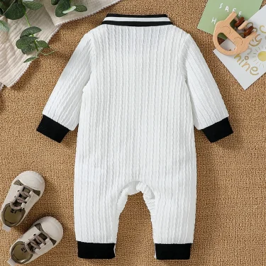 Baby Boys Autumn Solid WhiteTurn-down Collar Casual Daily Jumpsuit With Button For Newborn-18M Clothing Wear 2
