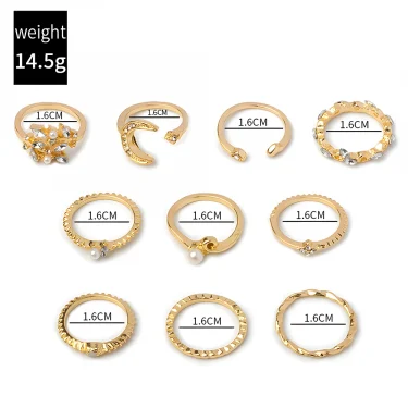 10Pcs Rings Suit For Women Gold-color Chain Ring Set Bohemian Style Coin Snake Moon Star Party Leaves Love Trend Gift Jewelry 4