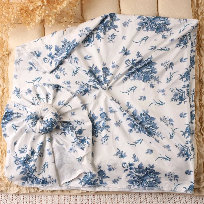 Ylsteed Rose Flower Print Newborn Photography Wrap with Turban Hat Infant Photo Shooting Outfits Baby Receiving Swaddle Blanket 5