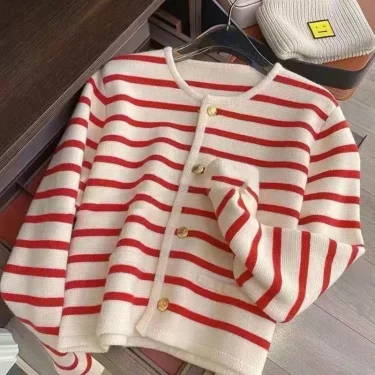 Stripe Knitted Cardigan Women Spring Autumn O-neck Single Breasted Long Sleeve Crop Tops Fashion Casual Chic Female Sweaters 3
