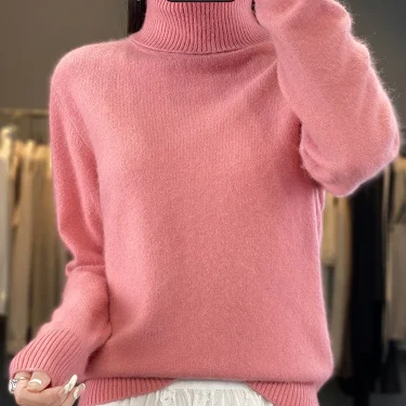 100% Mink Cashmere Women Sweater Basic Bottoming Female Pullover Long Sleeve New Knitwear Tops Turn Down Collar Autumn Winter 5