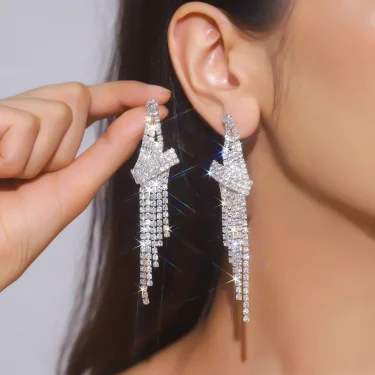 FYUAN Fashion Long Tassel Crystal Drop Earrings for Women Silver Color Rhinestone Dangle Earring Wedding Party Jewelry 2