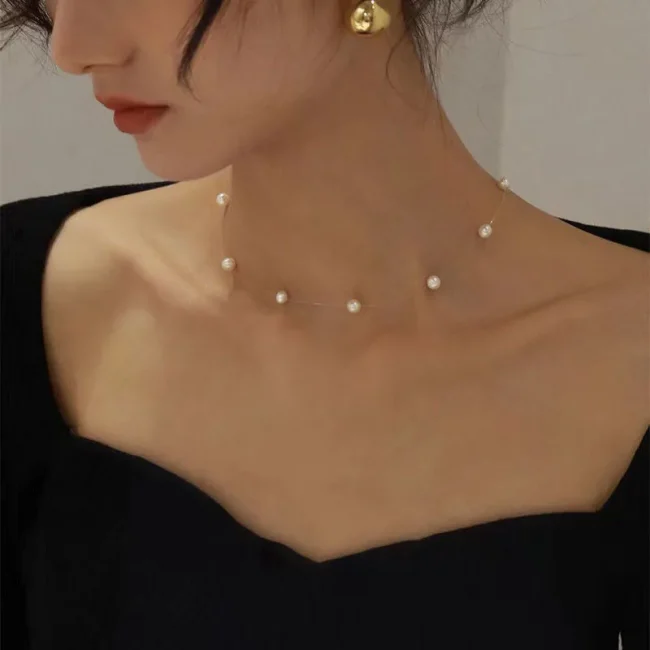 New Beads Neck Chain Kpop Pearl Choker Necklace Invisible Transparent Fishing Line Chocker Jewelry Collar for Women 3