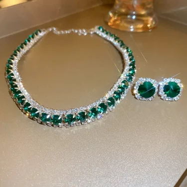 FYUAN Luxury Necklace Earrings Sets Green Crystal Necklace Women Weddings Bride Jewelry Accessories 1