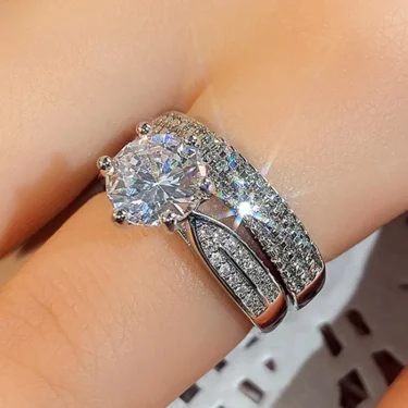 Charm Women Rings Silver Color Round Classic Design White Stone Rings Set Wedding Party Accessories Gift 2