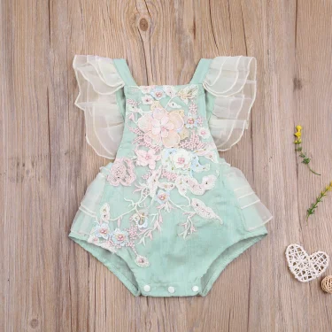 Princess Infant Baby Girls Lace embroidered Romper Sweet Baby Ruffle Fly Sleeve Backless Jumpsuit Summer Romper 0-24M 5