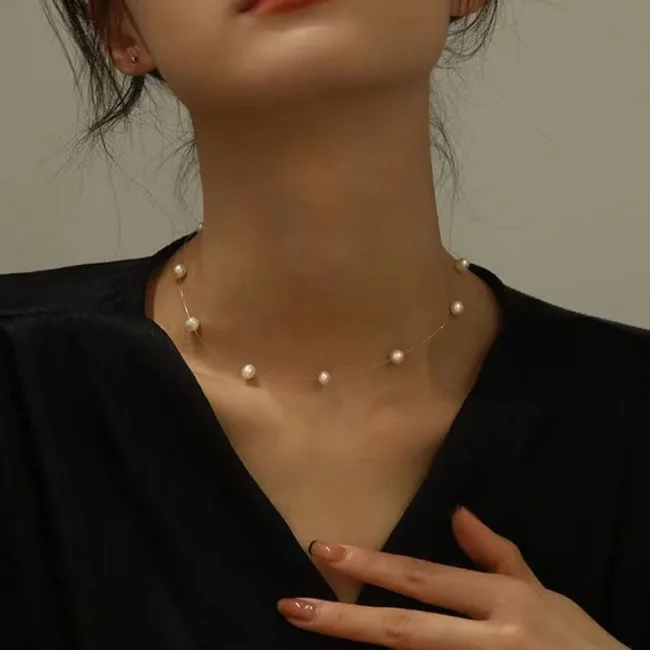 New Beads Neck Chain Kpop Pearl Choker Necklace Invisible Transparent Fishing Line Chocker Jewelry Collar for Women 4