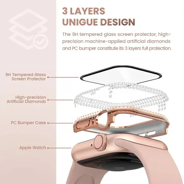 Diamond Watch Case Built-in Tempered Glass For Apple Watch 41mm 45mm 38mm 40mm 42mm 44mm iWatch Series 9 8 7 6 SE 5 4 3 Cover 2