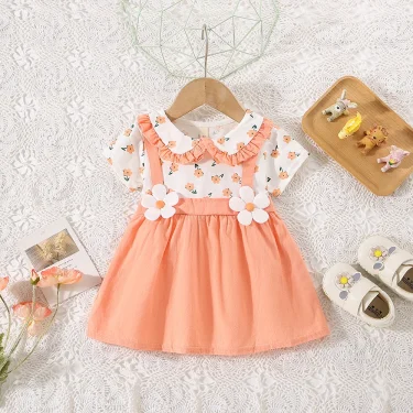(0-3 Years Old) Summer Baby Girl Cotton Flower Fake Two-Piece Shoulder Strap Dress Girl Cute Short Sleeved Dress 3