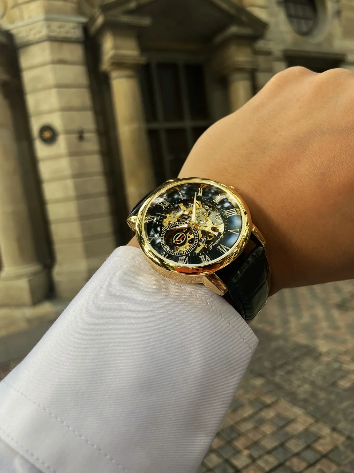 Forsining 3d Logo Design Hollow Engraving Black Golden Case Leather Skeleton Mechanical Watches Men Luxury Brand Heren Horloge 6