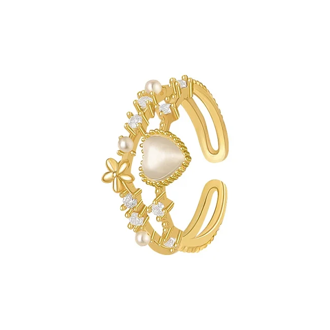Korea's new fashion jewelry 14K gold plated simple double love crystal ring elegant women's daily opening ring accessories 5