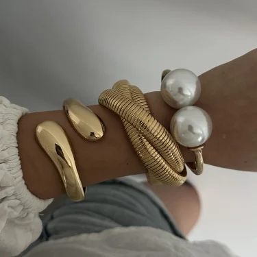 DIEZI Hip Hop Pearl Wide Cuff Bangles Punk Fashion Gold Silver Color Geometric Spring Bangles For Women Bracelet Men Jewelry 2