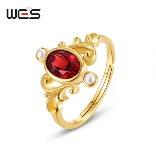 WES 925 Sterling Silver Crown Vintage Garnet Ring for Woman Adjustable January Birthstone Fine Jewelry Birthday Gift Wholesale 1