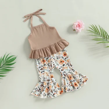Newborn Baby Girl Summer Clothes Knit Halter Romper Leopard/Sunflower Bell Bottoms Pant Summer Outfit (Apricot, 0-24 Months) 2