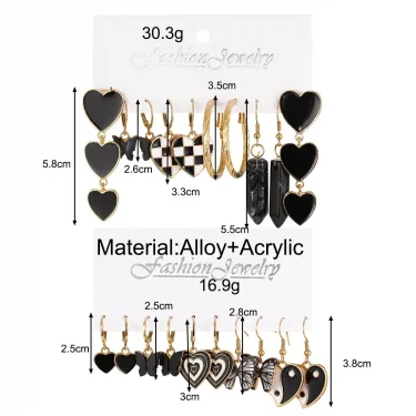 Fashion Black Heart Drop Earrings Set for Women Chessboard Ladies Love Tai Chi Temperament Earring 2023 Trendy Jewelry Gifts 6