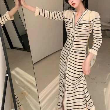 Matakawa Spring Autumn Women Dresses Stripes Ruffles Single Breasted Elegant Vestidos Mujer Korean Fashion Sweet Long Dress 4