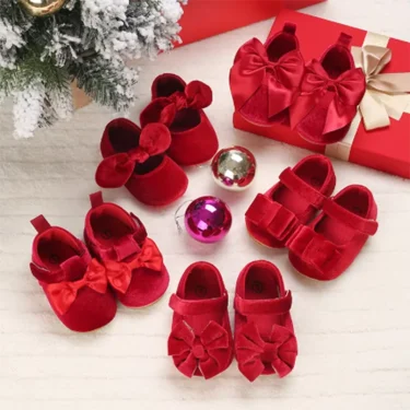 New Year Christmas Prewalker Newborn Baby Girl Princess Red Bow Walking Shoes TPR Sole Anti Slip 0-18 Months Baby Casual Shoes 1