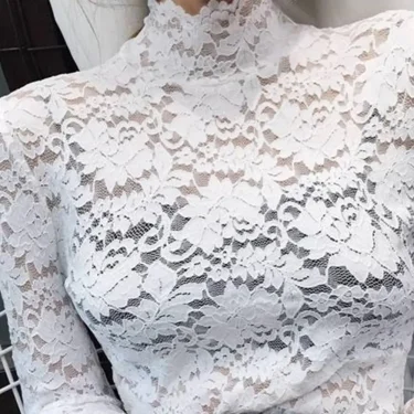 Women Blouse Half High Collar Long Sleeves Lace Top See-Through Slim Lace Crochet Patchwork Hollow Lady Tee Top Streetwear 5