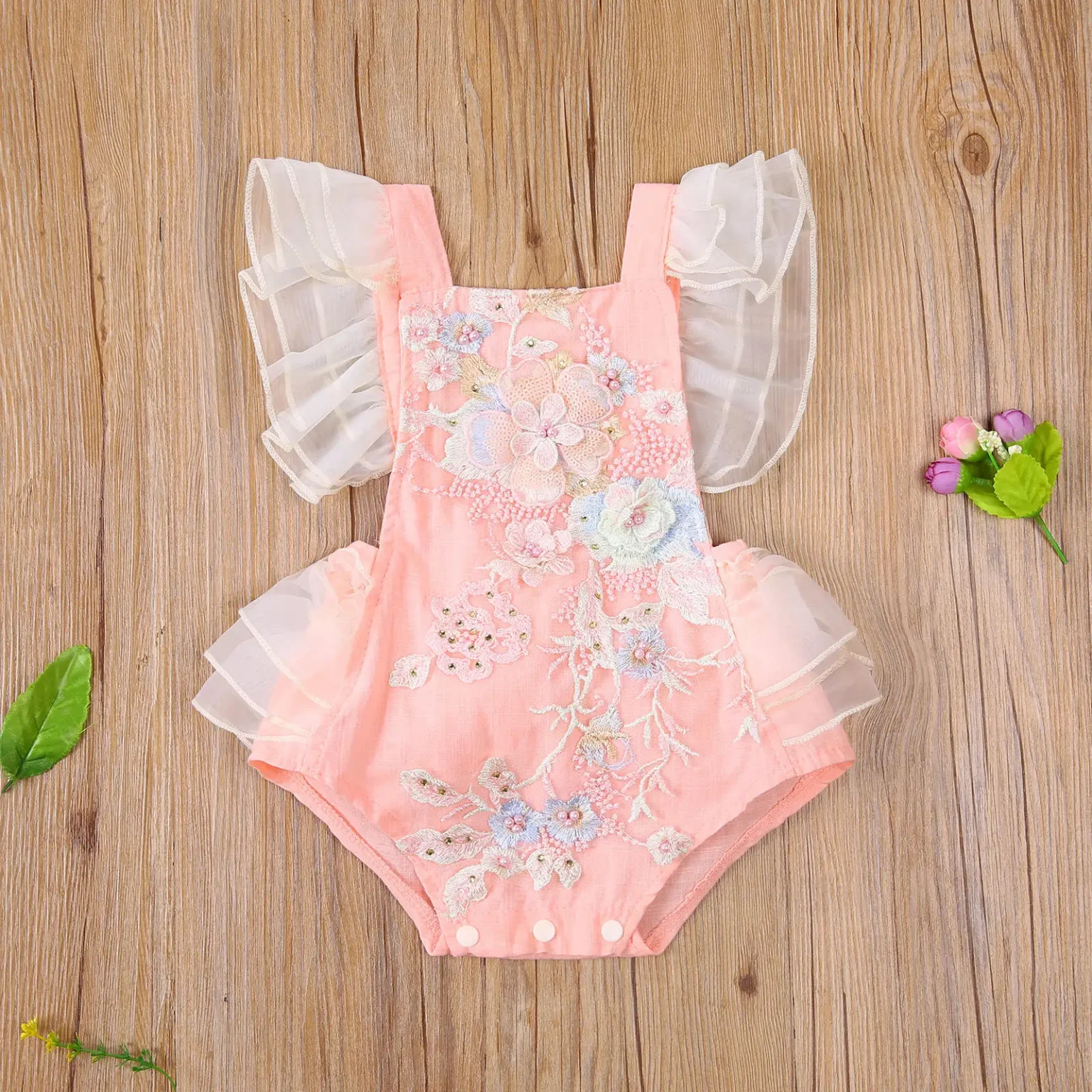 Princess Infant Baby Girls Lace embroidered Romper Sweet Baby Ruffle Fly Sleeve Backless Jumpsuit Summer Romper 0-24M 2