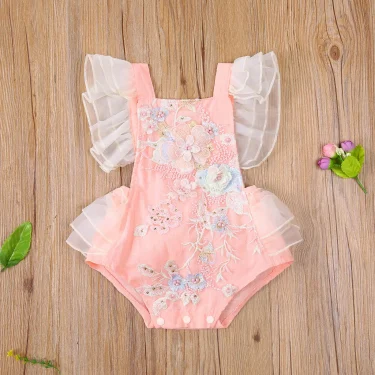 Princess Infant Baby Girls Lace embroidered Romper Sweet Baby Ruffle Fly Sleeve Backless Jumpsuit Summer Romper 0-24M 2