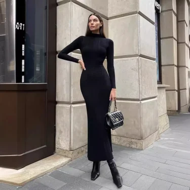 Women Elegant Long Sleeve Knitted Maxi Dress High Neck Bottoming Striped Sweater Slim Long Dress Bodycon Party Club Streetwear 5