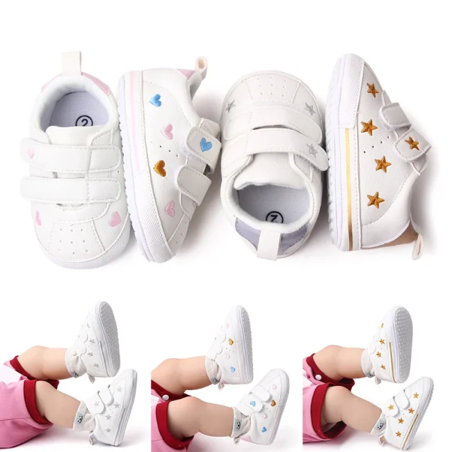 Baby White PU Sneaker Non-slip for Toddler Boys and Girls Cute Embroidery Stars and Hearts 2