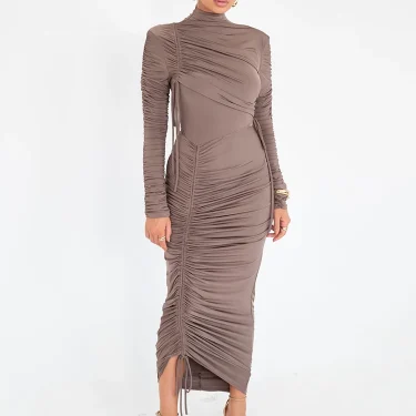 Mozision Long Sleeve Ruched Sexy Maxi Dress For Women Autumn Winter New Drawstring Turtleneck Bodycon Sexy Long Dress Elegant 5