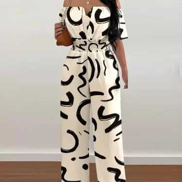Summer Elegant Off Shoulder Women's Jumpsuit 2024 Fashion Trend Casual Short Sleeve Wide Leg Pants Jumpsuits for Women Overalls 1