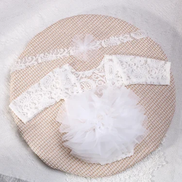 Ylsteed 2 Pieces Set Dusty Pink Newborn Lace Romper for Photo Shooting Fluffy Mesh Lace Photography Outfits with Headband 3