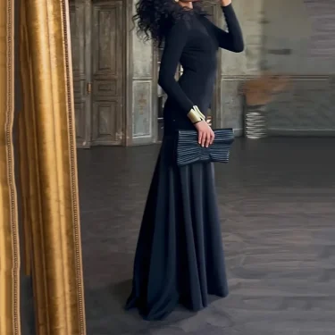 Ellafads Maxi Dress Autumn Women Casual Elegant Solid Long Sleeve Round Neck Nipped Waist Patchwork Evening Party Dresses 2