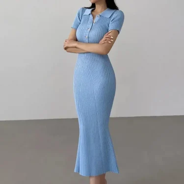 OCEANLOVE Mermaid Ruffles Dresses for Women Knitted Solid Single Breasted Sexy Vestidos Mujer Fashion Spring Summer Long Dress 5