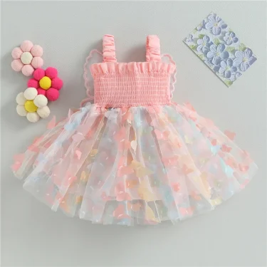 Toddler Baby Girls Dress 3D Butterfly Ruched Sleeveless Layered Cami Dress Summer Casual Clothes Princess Dress 2