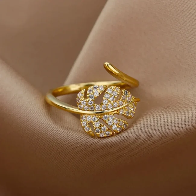 Fashion Palm Leaf Shape Rings For Women Stainless Steel Color Zircon Adjustable Finger Ring Party Jewelry Gift Bijoux Femme 2