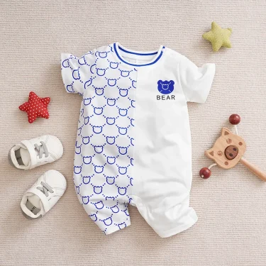 Newborn Clothes Cute Cartoon Patchwork Teddy Bear Comfortable And Soft Summer Boys And Girls 0-18 Short Sleeved Baby Jumpsuit 3