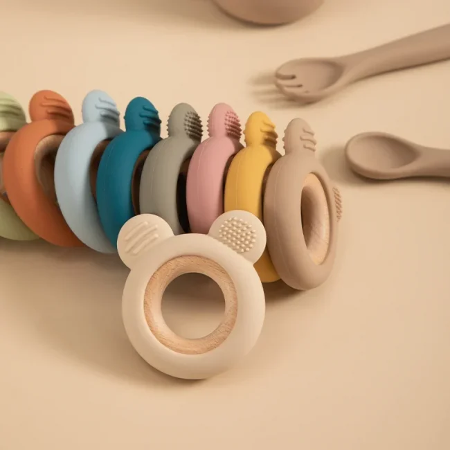 1PC Baby Silicone Wooden Teether Ring Cute Bear Newborn Nursing Teething Toys Infant Health Care Chewing Toy Baby Accessories 4