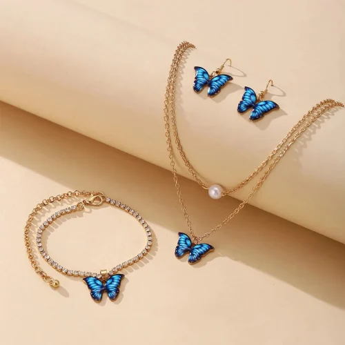 3pcs Butterfly Pendant Necklace, Earrings and Bracelet Combination Set, Suitable for Women to Wear at Parties 1