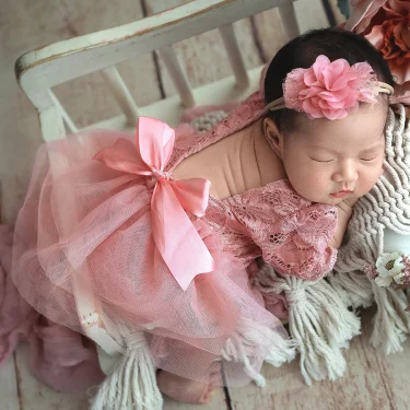Ylsteed Purple Dusty Pink Newborn Lace Photography Outfits Big Bow Mesh Romper with Hairband Baby Girl Photography Clothes 5